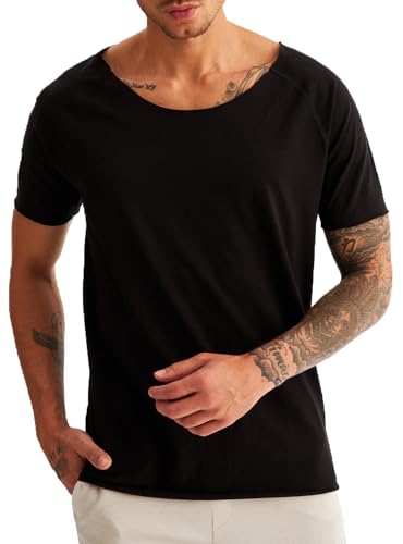 Leif Nelson Herren Sommer T-Shirt mit tieferem Rundhals-Ausschnitt (Schwarz, Größe L), Regular Fit 100% Baumwolle, Casual Basic Männer T-Shirt mit Kurzarm