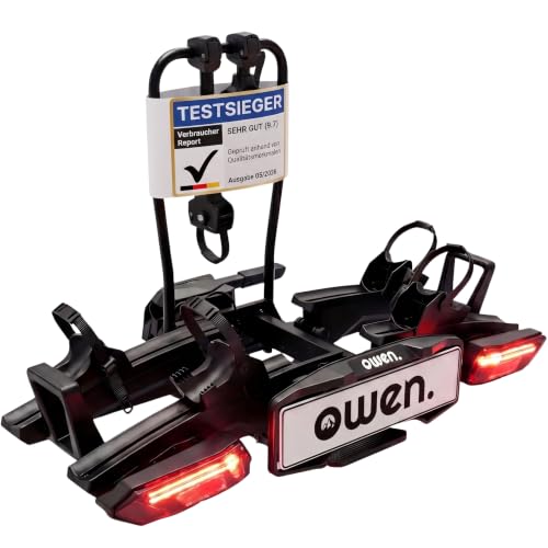 Owen E-Bike Fahrradträger Anhängerkupplung | 60kg Last | Abklappbar & Faltbar | Für 2 Fahrräder bis 70mm Reifenbreite | 1350mm Radstand | Gummierte Halter | Abschließbar