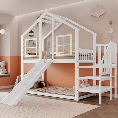 Jumua Etagenbett Kinderbett 90x200 cm, Hausbett mit Rutsche und Treppe, Hochbett mit 1x Lattenrost und Fensterverkleidung, Holzbett Kinderbett mit Rausfallschutz, Weiß, Ohne Matratze