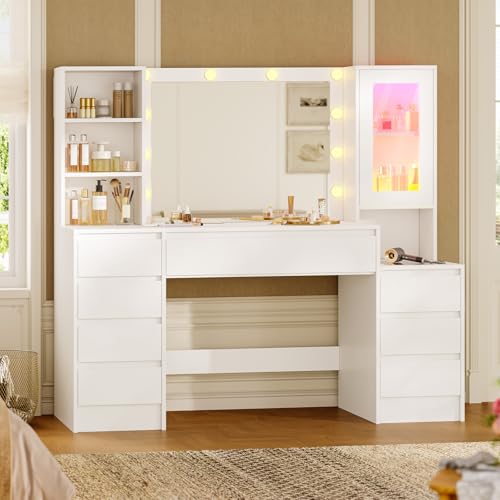 AODEMOKO 120CM LED Schminktisch mit Schmuckablage, Schminktisch mit Spiegel, Steckdosenleiste, 8 Schubladen, verstellbaren Regalen, dimmbaren LED-Leuchten und Schrankaufbewahru