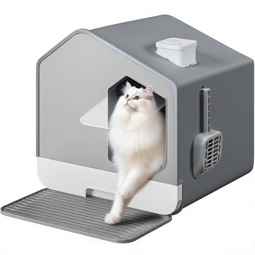 YITAHOME XXL katzenklo mit Deckel und Katzenstreu Matte, 44x40x45cm, Häuschen-Design katzentoilette mit Streumatte & Schaufel, Einfache Schubladen-Reinigung, Hohe Kanten Cat Litter Box (Grau)