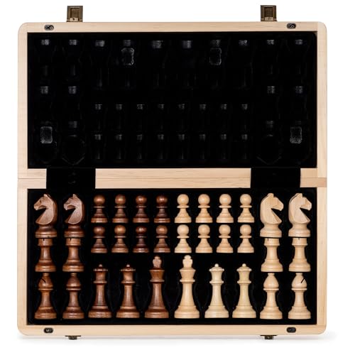 A&A Magnetisches Schach-Set aus Holz, 38,1 cm, klappbares Brett, 7,6 cm, Königshöhe Deutscher Ritter Staunton Schachfiguren/2 extra Königin/Brettspiele