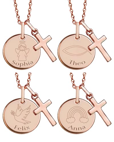 Taufkette mit Kreuz | Personalisierte Kette für Mädchen Jungen Baby Kinder mit Gravur Namen Rosegold (Silber 925 vergoldet) | Geschenk Taufe Kommunion Taufgeschenk Patenkind | Kinderkette Kreuzkette.