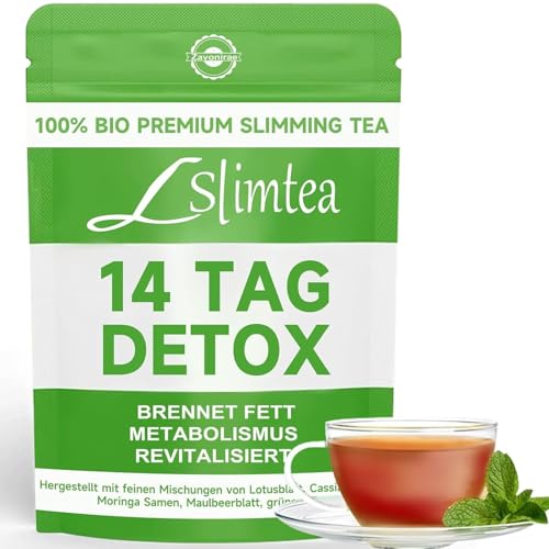 Detox Tee Zum Abnehmen, Grüne Entgiftungspulverhelfer – 14 Stück Natürlicher Kräuter Tees zur Fettverbrennung, Stoffwechsel-Anregung & Bauchfett-Reduktion | Sanfte Darmreinigung & Entgiftung