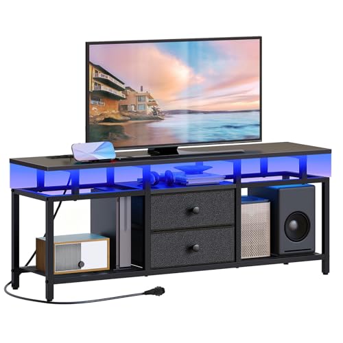 YATINEY TV-Schrank, für Fernseher bis zu 45'', TV Board mit Ladestation und LED-Lichtleiste, Fernsehtisch, Fernsehschrank mit Schubladen und Ablagen, für Wohnzimmer, Schwarz XDS03CDBB