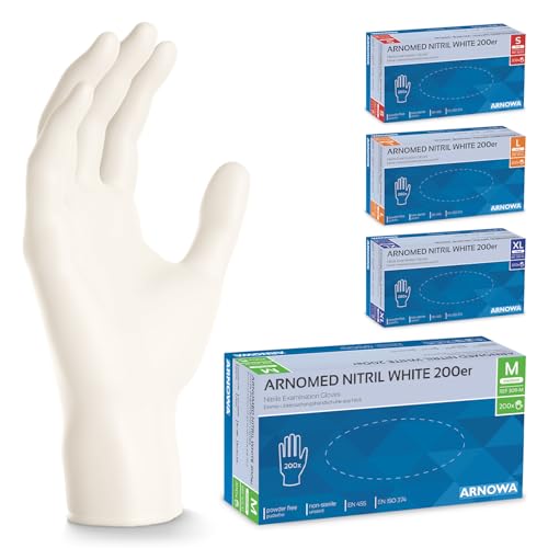 200x ARNOMED® Einweghandschuhe Weiß, Nitril Handschuhe, Einmalhandschuhe M
