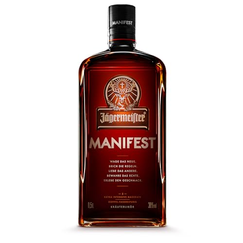 Jägermeister MANIFEST - 1 x 0,5l Superpremium Kräuterlikör 38% Vol. - Perfektion manifestiert mit einem anders gereiften Aroma – Im Eichenfass gelagert – Das Original aus Wolfenbüttel