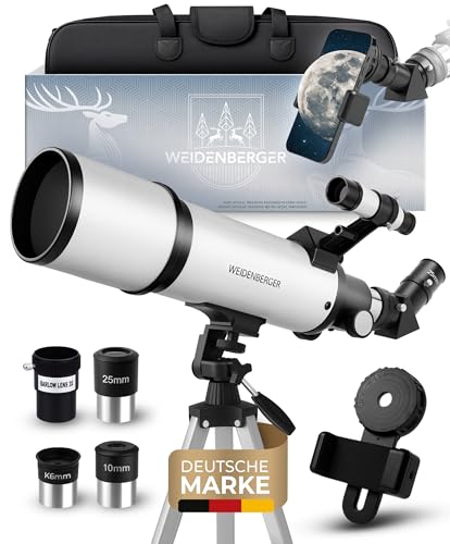 Weidenberger Teleskop 60800 – Refraktor-Fernrohr, 60 mm Öffnung, 800 mm Brennweite mit 3 Okularen + 3× Barlow-Linse, Sucherfernrohr, Stativ & Handy-Adapter – für Erwachsene & Einsteiger