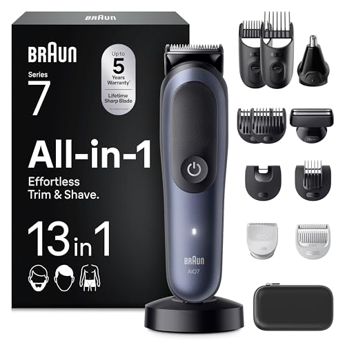 Braun All-in-One Trimmer-Set 7, 13-in-1 Multigroom, Barttrimmer, Nasenhaartrimmer, Haarschneidemaschine für Gesicht, Kopf und Körper, 120 Min Akku, 14 Längen (0.1–21 mm), Wasserdicht, AIO7565, Blau