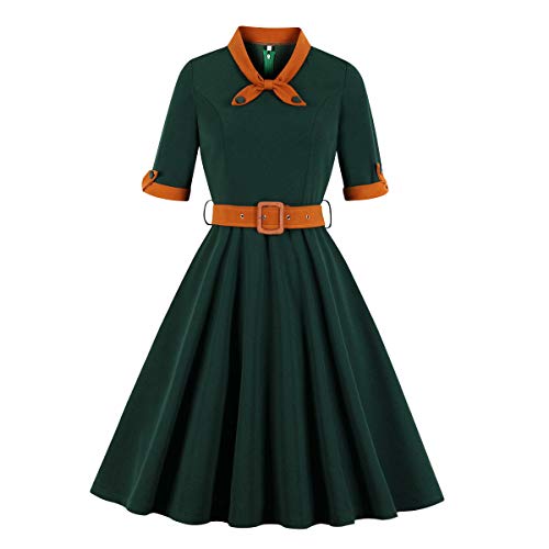 Rockabilly Kleider Damen 50s Vintage 50er Jahre Audrey Hepburn Retro Petticoat Kleid Kurzarm Sailor Tie Skaterkleid Swing A-Linien Pettycoatkleider Festlich Coctailkleid Kurz Abendkleid Grün M
