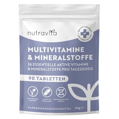 Nutravita Multivitamin & Mineralien – 90 hochdosierte vegane Tabletten (3 Monate) – 26 A-Z Vitamine & Mineralstoffe mit Bioaktiv-Formen – Premium-Rohstoffe – ohne Zusatzstoffe – laborgeprüft