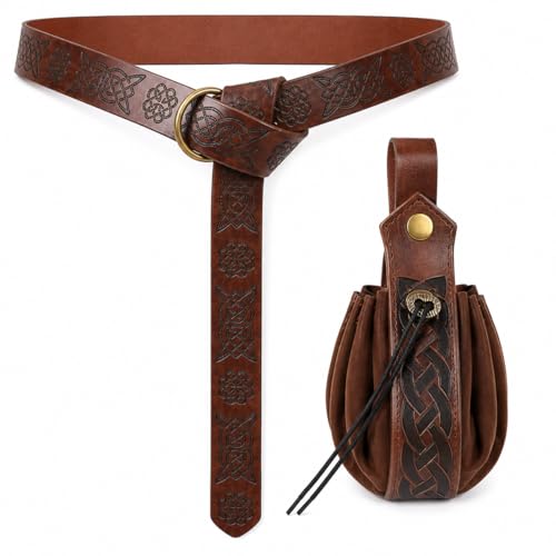 quyueug 2PCS Mittelalter Gürtel Set, Mittelalter Kostüm Herren, Wikinger Gürtel, Geeignet für Mittelalterliche Damenbekleidung und Wikinger-Kinderbekleidung (Braun 3.4x165cm).