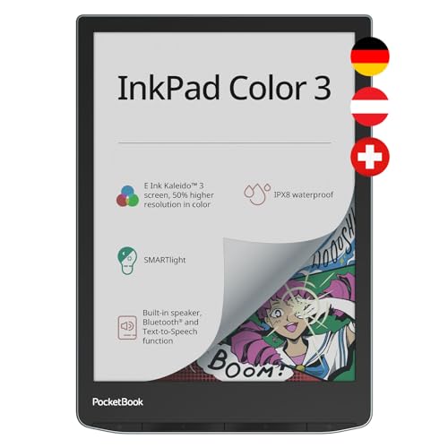 Pocketbook InkPad Color 3 E-Reader, 7,8'' E-Ink Farbdisplay, 32 GB, Bluetooth, Lautsprecher, wasserdicht, Grau - Dach-Version