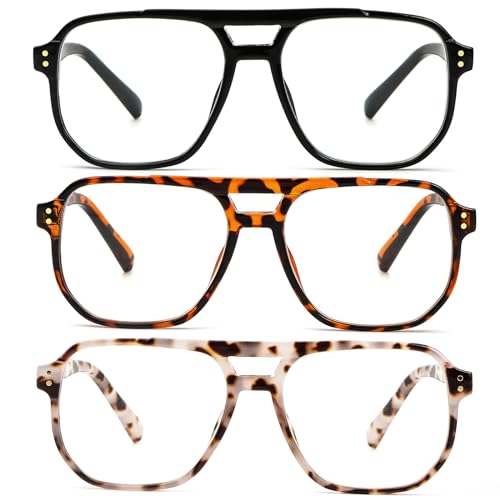 KoKoBin 3 Pack Übergröße Flieger Vintage Lesebrille Herren und Damen Quadratisch Federscharnier lesebrillen Anti Licht Blau Computer Leser (3 Pack, 1.5, x)