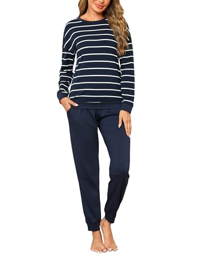 Bresdk Schlafanzug Damen Lang Pyjama Set Langarm Baumwolle Winter Nachtwäsche Frauen Dunkelblau M