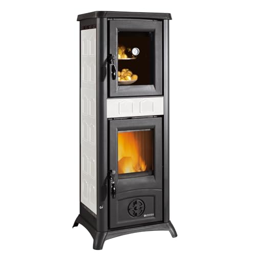 La Nordica Kaminofen Gemma Forno 165 Elegance Weiß Infinity 6 kW Holzofen mit Backfach emailliertes Gusseisen 120 mm Rauchrohr Oben Scheibenspülung Keramikglas 120 m³ Raumvolumen