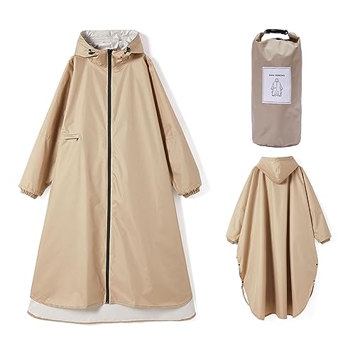 Ynport Crefreak Damen Lange Wasserdichte Regenmäntel Leichter Regenponcho Packbare Outdoor-Regenbekleidung mit Kapuze Windjacke mit Ärmeln und Tasche, Helles Khaki