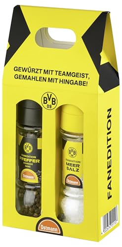 Ostmann BVB x Ostmann – Gewürzmühlen-Set | Ungemahlenes Meersalz und ganzer schwarzer Pfeffer in der Borussia Dortmund Fanedition | BVB Gewürze zum Verschenken | 130 g Salz / 60 g Pfeffer