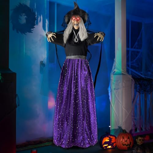 JOYIN 119,4 cm hängende animierte sprechende Hexe Dekoration mit beleuchteten Augen und Soundaktivierungsfunktion für Halloween Spukhaus Requisiten Deko