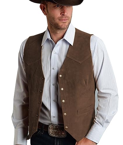 Tuikayoo Herren Wildleder Anzug Weste Jahrgang Western Cowboy Weste Normale Passform(XXL, Kaffee)