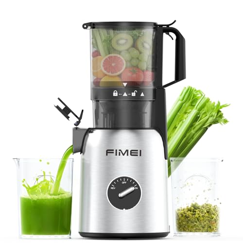 FIMEI Entsafter, Slow Juicer mit 135mm Breite und Größere Fütterungsröhre für Ganze Gemüse und Obst, Leicht zu Reinigender Entsafter mit 2 Gläsern, Edelstahlsockel Elektrische Saftpresse