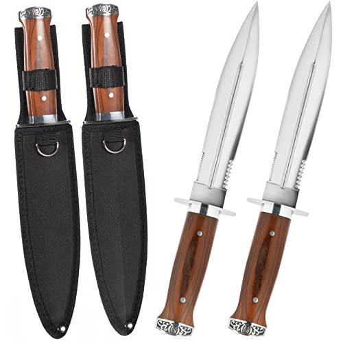 2er Set Outdoor Messer feststehend 33cm großes Jagdmesser mit Holzgriff und Nylonholster - Survival Messer Outdoor Dolch – bushcraft Knife - Bowiemesser - USA Sabber