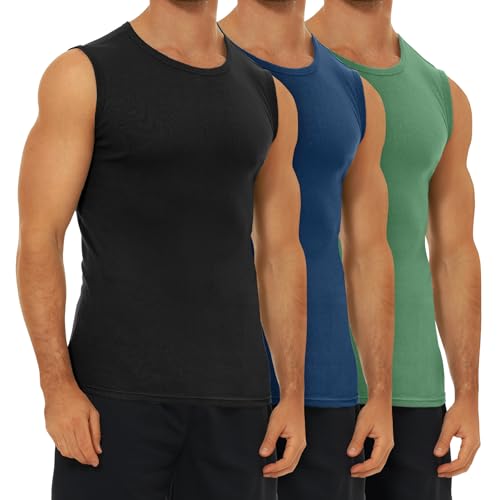 FALARY Unterhemd Herren Tank Top gekämmte Baumwolle Gym Fitness Sport Männer 3er Pack Schwarz Marine Olive Mehrfarbig L