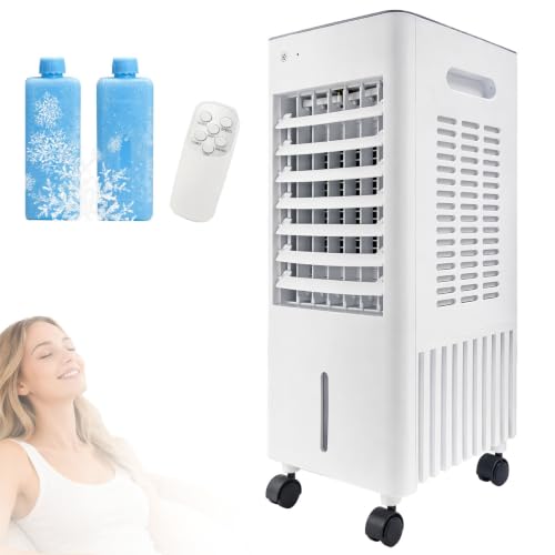 4-in-1 Mobile Klimaanlage ohne Abluftschlauch,12LLuftkühler Verdunstungskühler,Leises Klimagerät mit 2 Kühlakkus,Ventilator Luftbefeuchter Luftreiniger,7.5H Timer & Fernbedienung für Büro Schlafzimmer