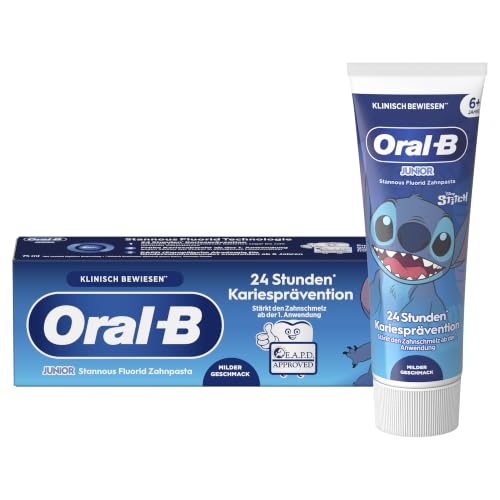 Oral-B Junior Stitch Zahnpasta für Kinder ab 6 Jahren, 75ml | 24h Kariesprävention, Stärkt Den Zahnschmelz ab Der 1. Anwendung mit Stannous Fluorid