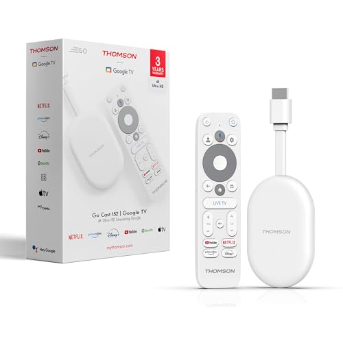 Thomson Go Cast 152 Streaming Dongle, 4K UHD Google TV Stick mit Google Assistant, Google Cast, Dolby Atmos, Dolby Digital+, HDR10, 2GB RAM, 32GB Speicher, Kompakt und Tragbar – Weiß