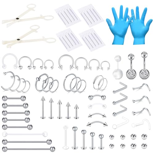 AceFun 85 Stück gemischte Größe Piercing Kit Schmuck Edelstahl Lippe Nase Zunge Tragus Knorpel Daith Eeybrow Bauchnabel Ringe Körper Piercing Tools 14G 16G 18G 20G