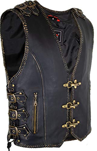 MDM Herren Biker Lederweste mit Messing Schnallen und Karabinern, Vintage Look (Gr. XL)