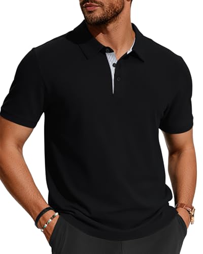 HMIYA Herren Poloshirts-Business Kurzarm Polo Shirts 100% Baumwolle Sommer Freizeit T-Shirt Klassisches,Schwarz,L