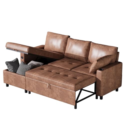 YODOLLA Schlafsofa 3-in-1, Umschaltbare Chaiselongue Sofa, Leder Schlafsofa mit Bettkasten, USB-Ports & Tassenhalter, Ausziehsofa für Wohnzimmer & Wohnung (Braun)
