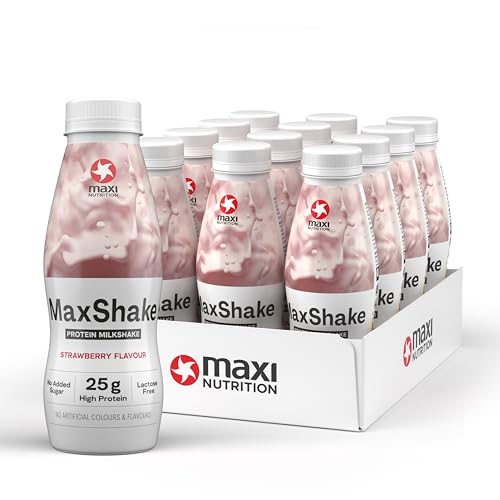 MaxiNutrition MaxShake Protein Milchshake Erdbeere, 12x 330ml, cremiger Eiweiß-Shake für unterwegs, 25g Protein, low fat & low carb, laktosefrei, ohne künstliche Aromen, Made in Germany