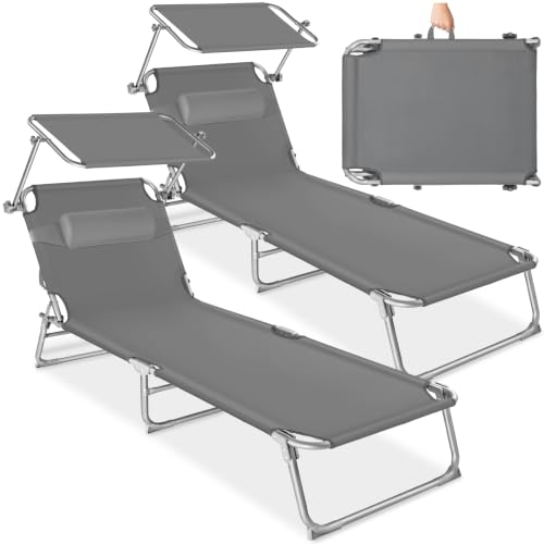 tectake 2er Set Sonnenliege - leicht und klappbar, leichte Liege für Camping und Garten, Perfekter Liegestuhl mit Dach, transportable und zusammenklappbar mit Griff