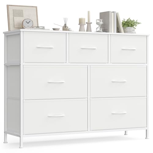SONGMICS Kommode, Schrank, 7 Stoffschubladen, Aufbewahrungsschrank, Stahl, MDF, Vliesstoff, für Schlafzimmer, Flur, Wohnzimmer, wolkenweiß-schneeweiß LGS323WH01