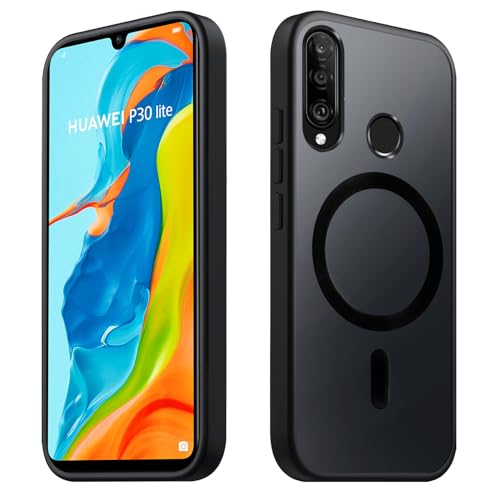 Tawarror Magnetische für Huawei P30 Lite Hülle, Matt Transluzente Handyhülle für P30 Lite PC Rückseite Kratzfest TPU Fallschutz Stoßfest Anti-Fingerabdruck Schutzhülle, Schwarz
