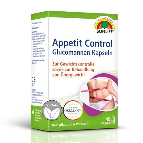 SUNLIFE Apetit Control Kapseln - 1 x 48 Stück - hochwertige 400mg Glucomannan Kapseln - aufquellende Appetitzügler Kapseln - rein pflanzliches Nahrungsergänzungsmittel ohne Konservierungsstoffe