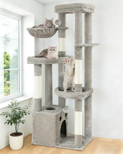 Kratzbaum Groß, Kratzbaum Grosse Katzen Stabil 170 cm hoch - Katzenbaum XL, Mehrstöckiger Katzenbaum Grau mit 4 Kratzsäulen, 6 Plüschbälle, Plattformen, Höhlen, Hängematte - Cat Tree Tower