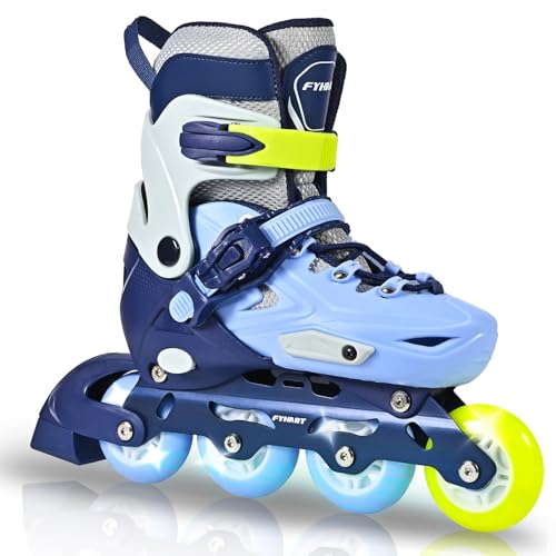 LIRENGUI Einstellbare Kinder Inline Skates für Jungen Mädchen, 4-Rollen Inline Skates für Kinder & Jugendliche mit leuchtenden Rädern für drinnen draußen Sport Freizeit, Blau Grün, Medium