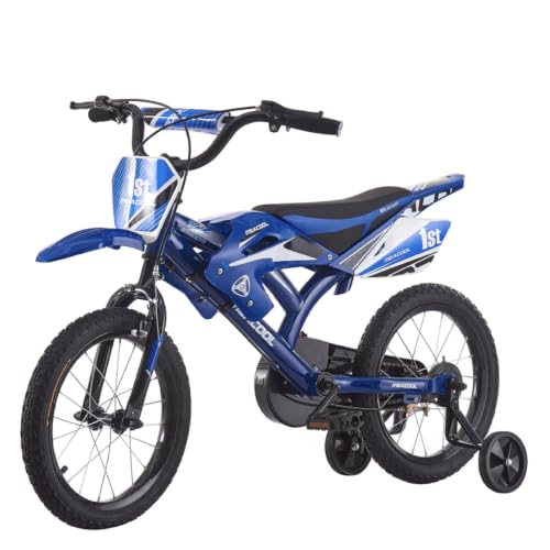 LSBIKE 16/18 Zoll Motorrad-Stil Kinderfahrrad, Motorcross Fahrrad mit V-Brake Bremsen, Kinderfahrrad für Kinder im Alter von 4-12 Jahren mit Stützrädern und Schutzblech, 90% Vormontiert (Rot, 16 Zoll)
