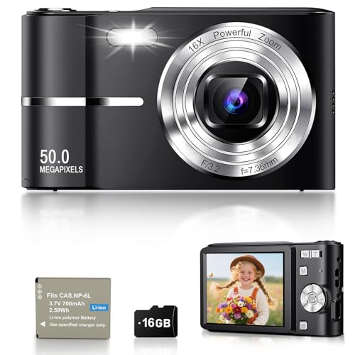 1080P Digitalkamera für Fotografie, Autofokus 50MP Vlogging Kamera mit Anti-Shake, 16X Zoom Compact Point and Shoot Digitalkamera Teenager Erwachsene Anfänger, 16GB Karte
