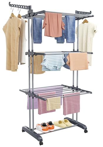 SIMPDIY Wäscheständer Wäschetrockner Turm, Turm-Wäscheständer mit 6 Klappbare Flügel und 2 Seitenflügel, Standtrockner Wäscheturm mit Rollen für Innen und Außen, Grau