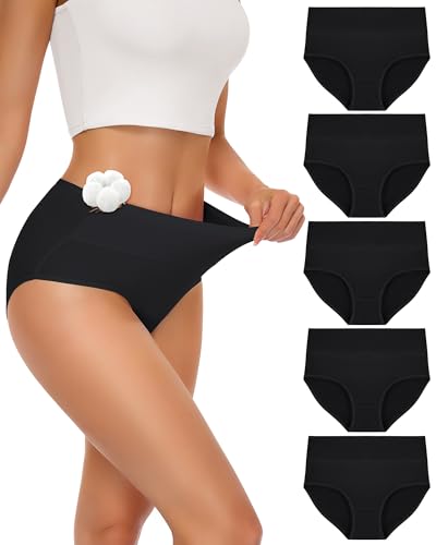 SIMIYA Unterhosen Damen Baumwolle 5er Pack Unterwäsche Frauen Mehrpack Hoher Taille Hipster Unterwäsche Damen Atmungsaktiv Panties Weich Damen Slips(5×Schwarz,5XL)