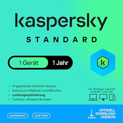 Kaspersky Standard Anti-Virus 2025 | 1 Gerät | 1 Jahr | Umfassender Schutz | Online-Banking Schutz | Leistungsoptimierung | PC/Mac/Mobile | Aktivierungscode per Email