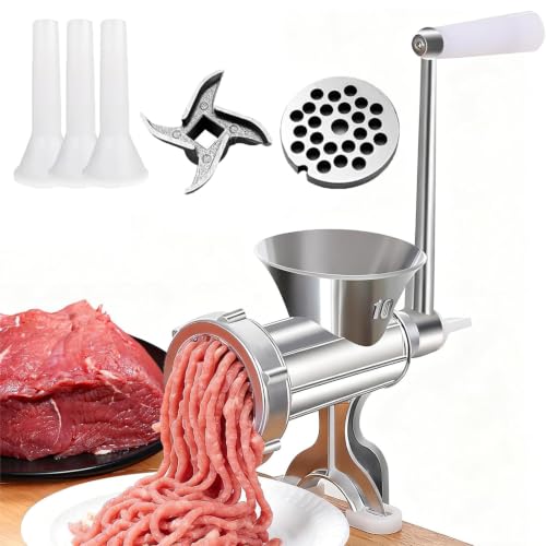 Edelstahl Handfleischwolf mit Wurstfüller – Manueller Fleischwolf für Haushalt, Multifunktions-Wolf für Wurst, Knoblauch & Chili, robuste Handkurbel-Maschine mit Zubehör