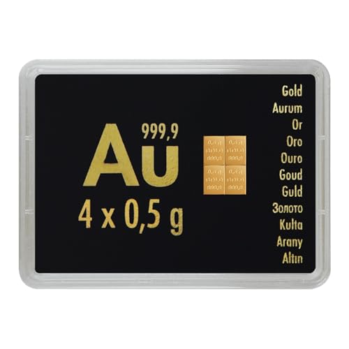 Goldstücke24 Motivbox mit echtem Goldbarren aus 999,9 Feingold – verschiedene Größen wählbar – Sammlerbarren, Anlagegold, Wertanlage & Krisenvorsorge (4x0,5g Gold)
