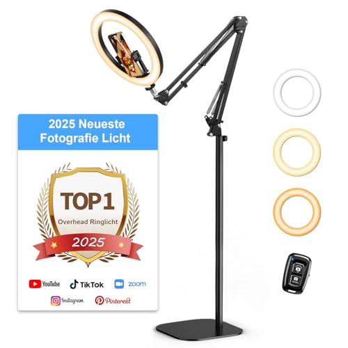 Upgrade Ringlicht Ringleuchte mit Stativ Overhead, Evershop 10” Handy Stativ mit LED Ringlicht Flexibel 70,8” Höhe& 360°Lichtring Ring Light mit Fernbedienung Blitzgeräte für Tiktok YouTub,CRI src=