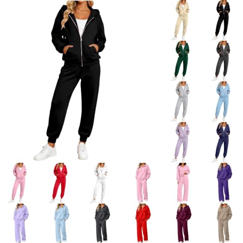 Jogging Anzug Damen Set, Jogginganzug Damen Trainingsanzug Sweatjacke Jogginghose Mit Kapuze Und Zipper Baumwolle Baggy Freizeitanzug Loungewear Gym Elegant Sportanzug Zweiteiler Mit Taschen